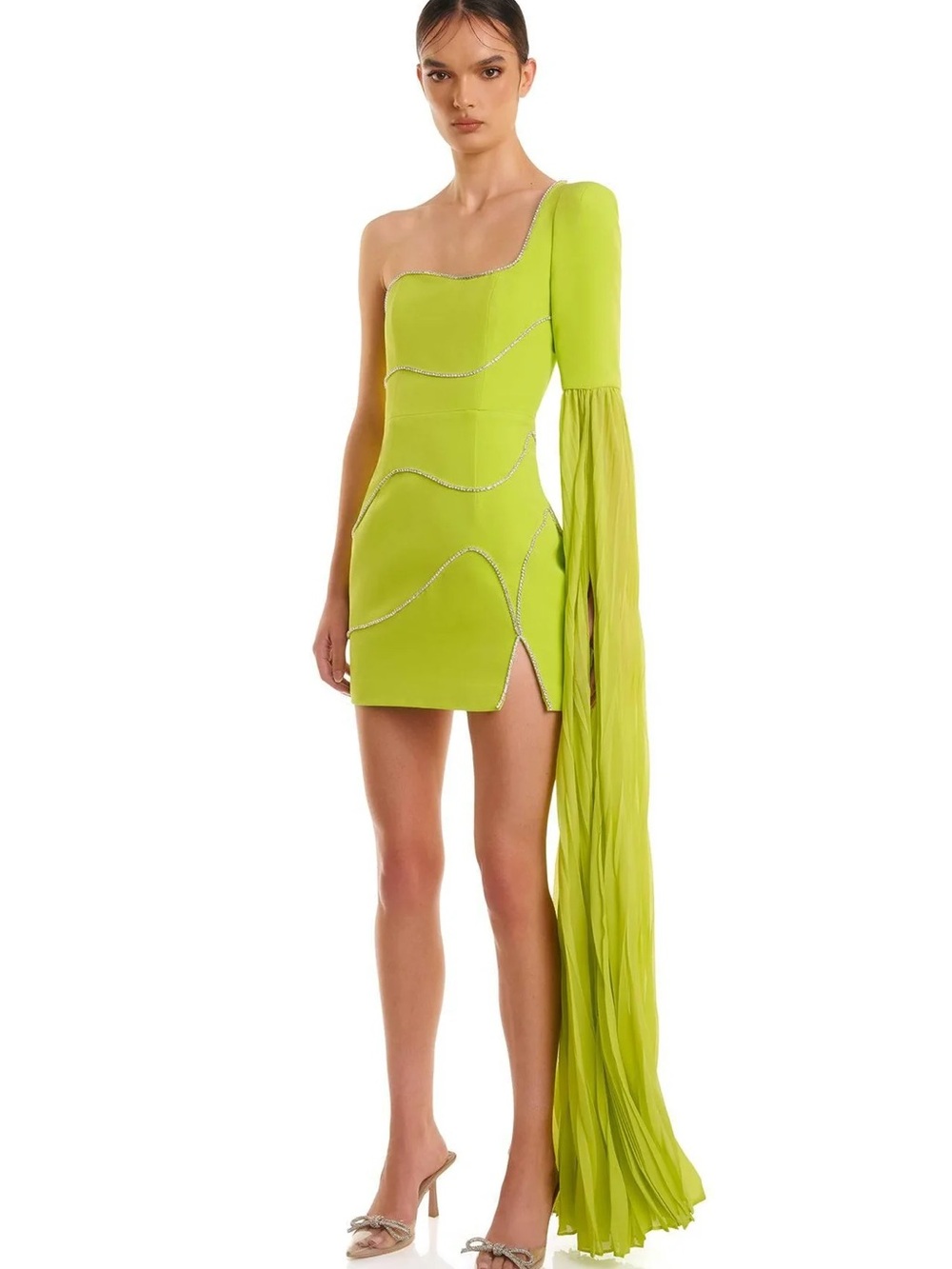 Neon Lime One-Shoulder Mini Dress with Draped Statement Sleeve